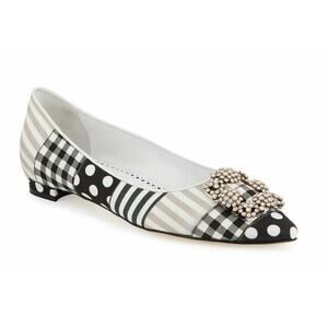 Manolo Blahnik Hangisi Flat Black White Patches Jewel Buckle Classic Ballet 41.5